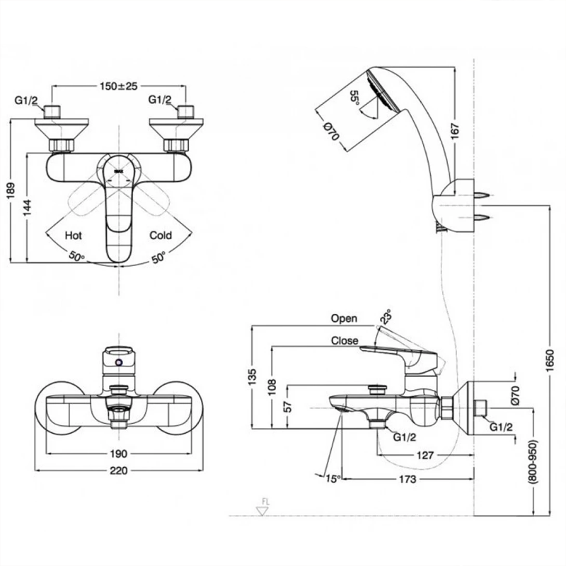 Ảnh bản vẽ Vòi hoa sen INAX BFV-1403S-7C nóng lạnh