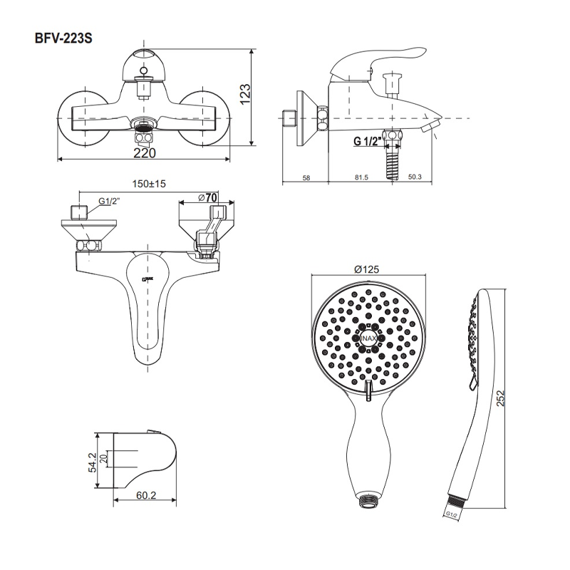 Bản vẽ kích thước Vòi sen tắm INAX BFV-223S nóng lạnh tay sen Massage