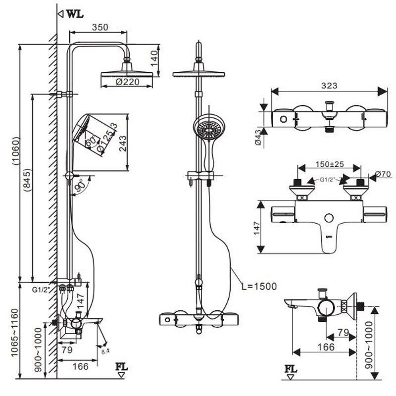 Bản vẽ kích thước Vòi sen tắm cây INAX BFV-3415T-9C nhiệt độ tay sen 5 chế độ