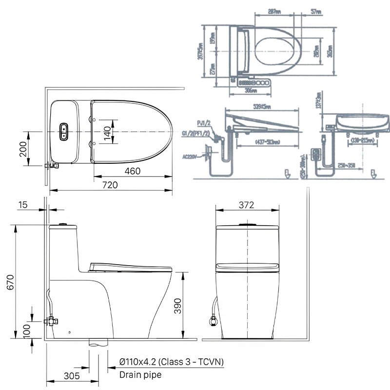 Bản vẽ kỹ thuật bồn cầu nắp điện tử INAX AC-989+CW-H20VN
