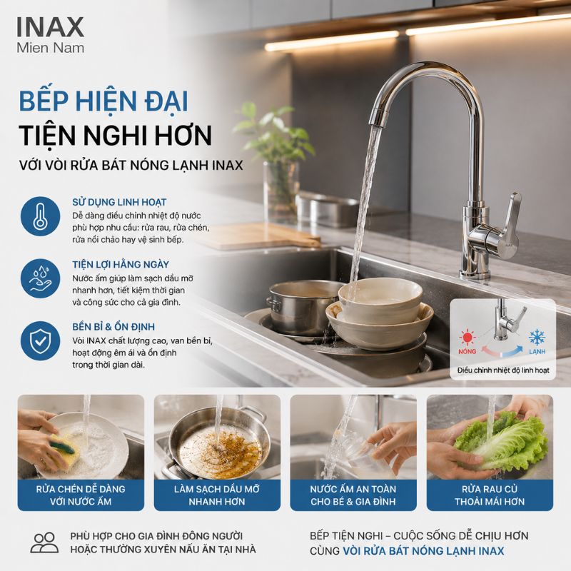 Vòi rửa bát nóng lạnh INAX: Tiện hơn khi rửa chén, rửa dầu mỡ và dùng bếp mỗi ngày